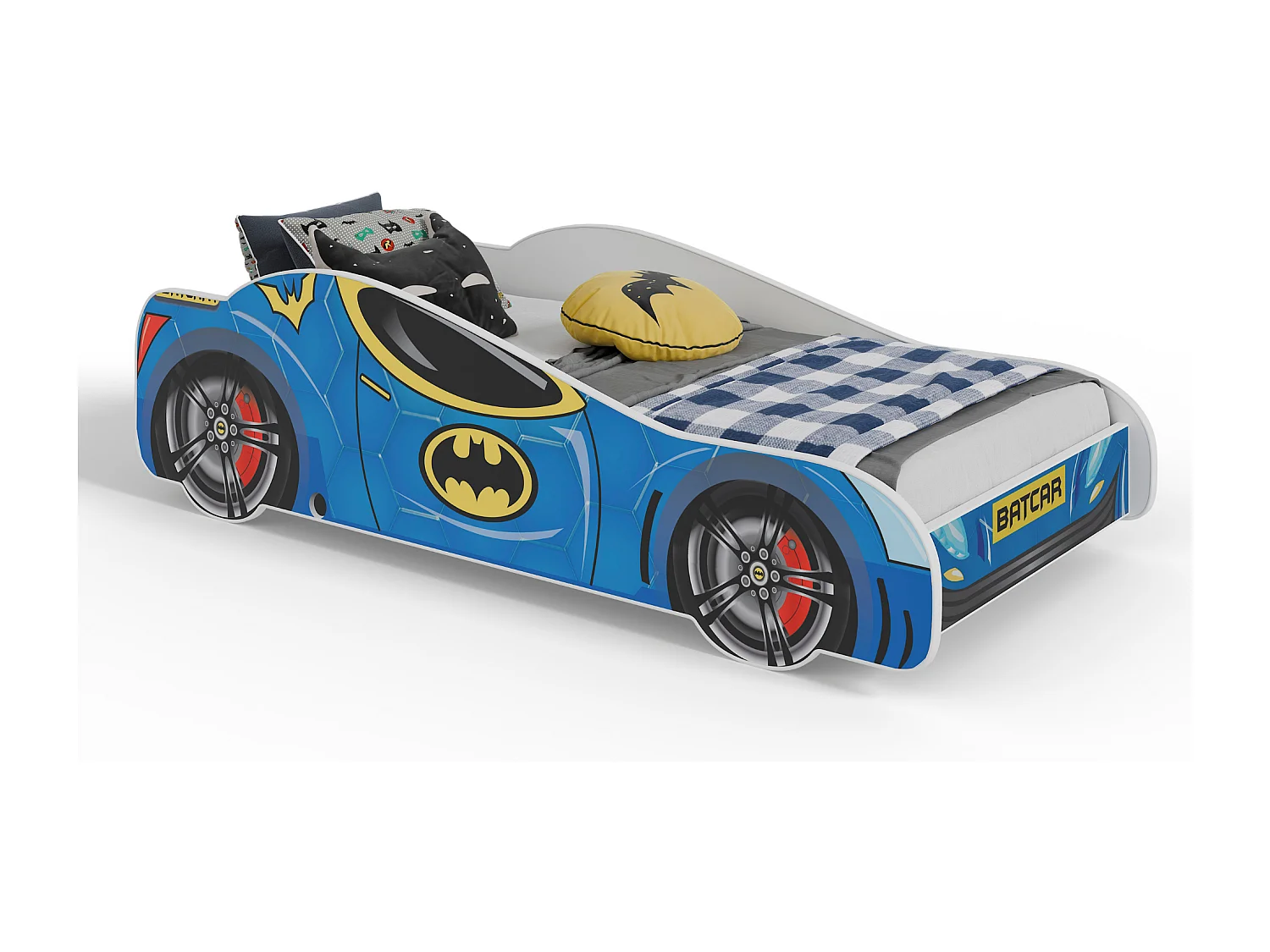 Lit enfant pour garçon voiture de Batman Batcar, Batmobile - bleu avec matelas et sommier inclus - 160 cm x 80 cm