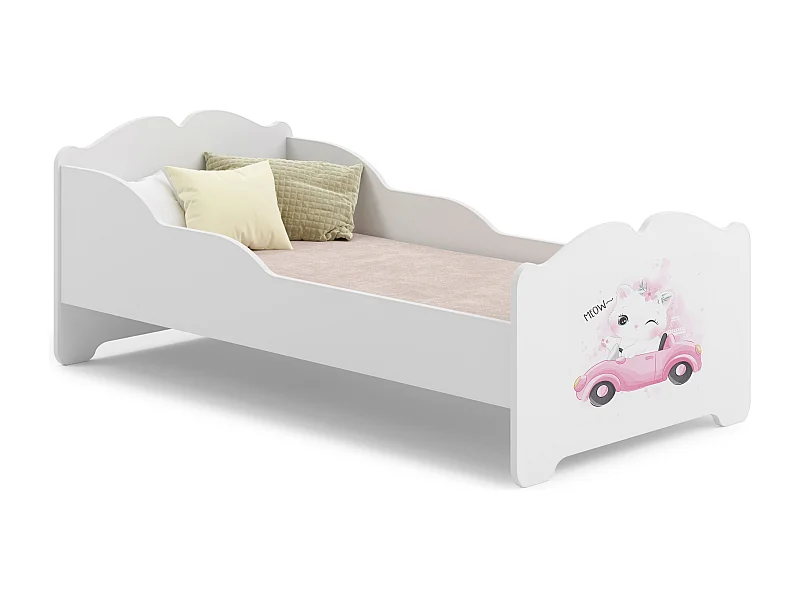 Lit enfant fille ALMENA avec matelas et cadre inclus - Chat et voiture rose - 160 cm x 80 cm