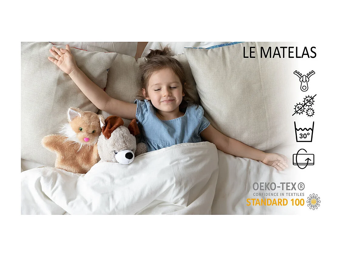 Lit enfant fille FIONA avec balustrade et matelas - Princesse et licorne roses - 140 cm x 70 cm