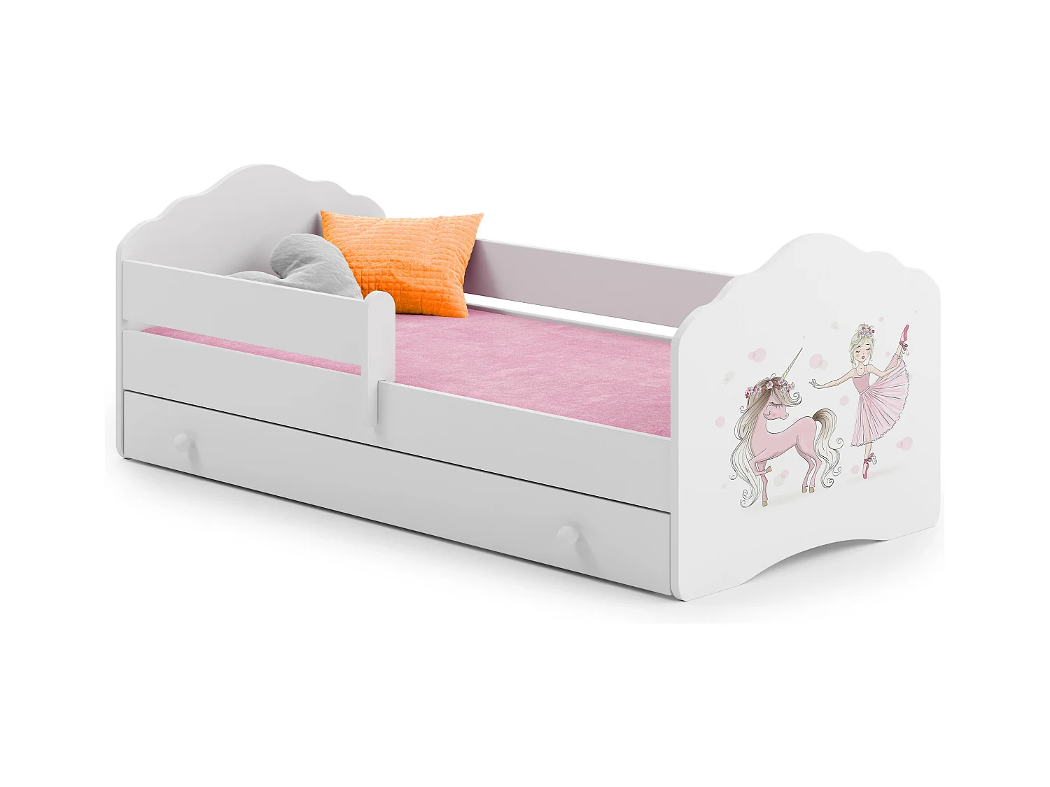 Lit enfant fille FIONA avec tiroir balustrade et matelas inclus - Princesse et licorne roses - 140 cm x 70 cm