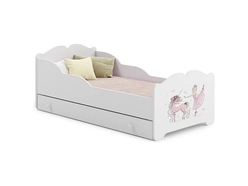 Lit enfant fille ALMENA avec tiroir matelas et cadre inclus - Princesse et licorne roses - 160 cm x 80 cm