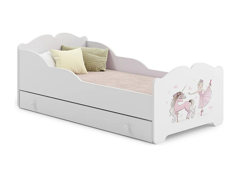 Lit enfant fille ALMENA avec tiroir matelas et cadre inclus - Princesse et licorne roses - 160 cm x 80 cm
