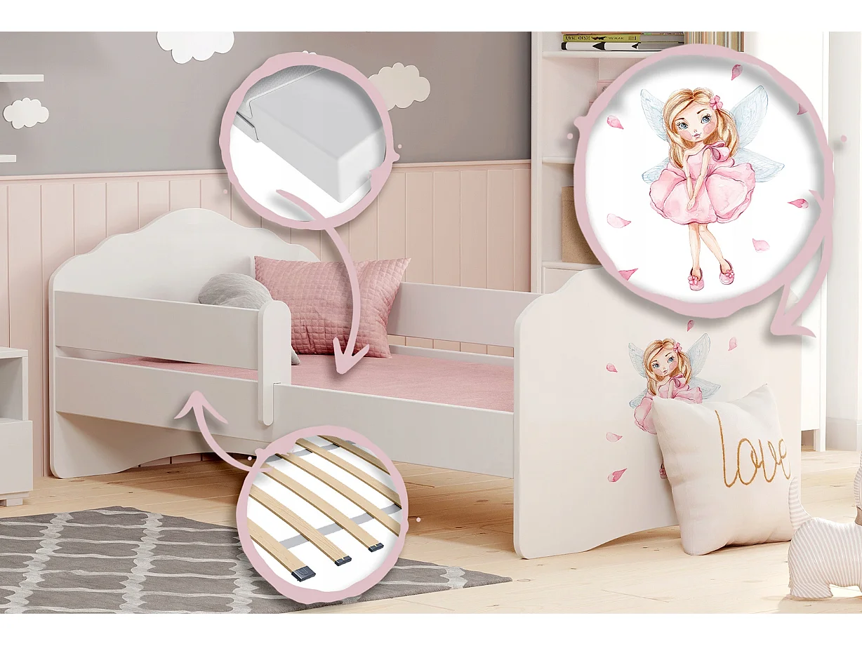 Lit enfant fille FIONA avec balustrade et matelas - Fée rose - 160 cm x 80 cm