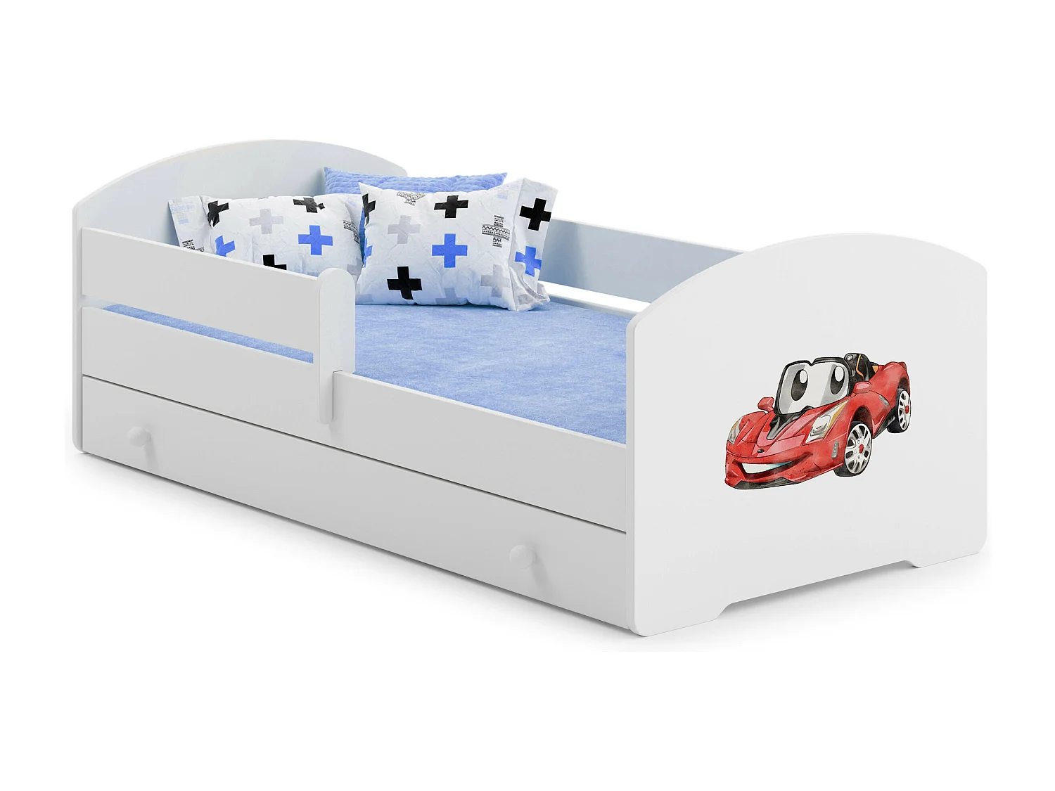 Lit enfant LOU avec tiroir balustrade et matelas inclus - Voiture rouge - 140 cm x 70 cm