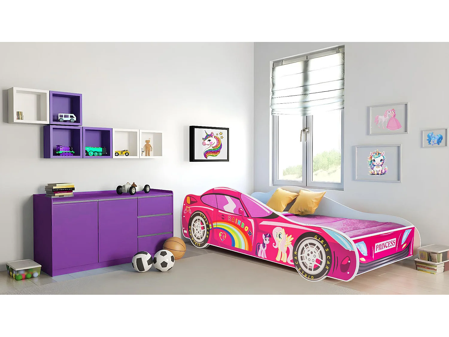 Lit enfant fille voiture licorne rose avec matelas et sommier inclus - 160 cm x 80 cm