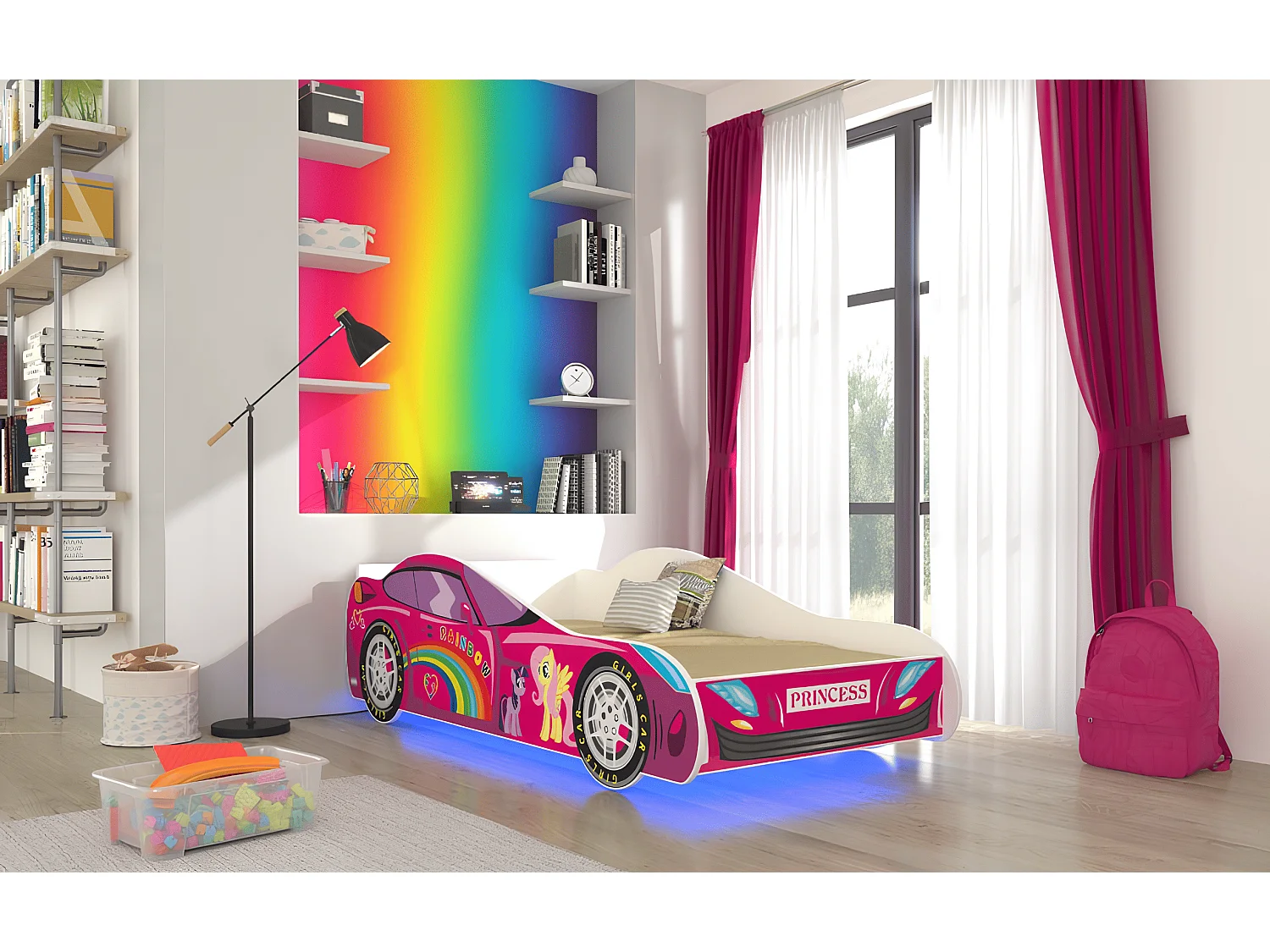 Lit enfant fille voiture licorne rose avec matelas et sommier inclus - 160 cm x 80 cm