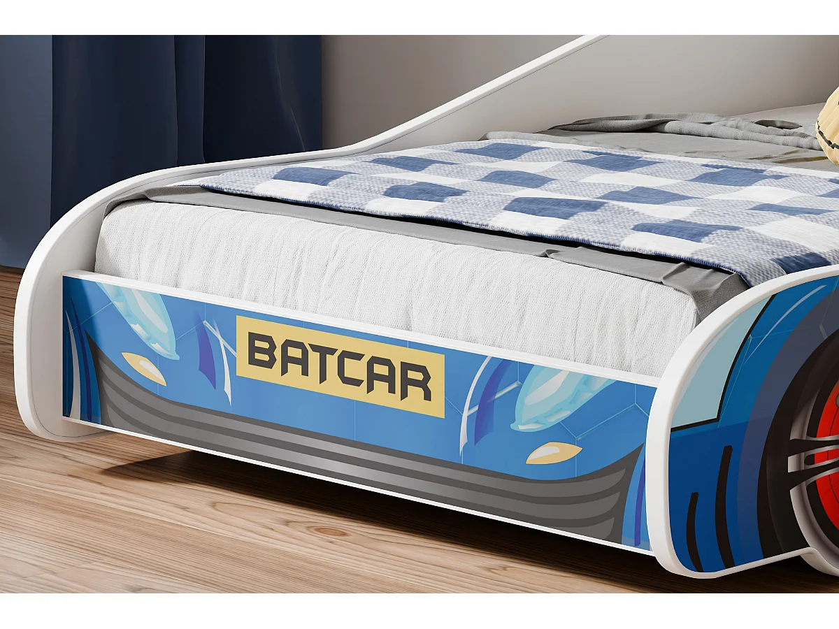 Lit enfant pour garçon voiture de Batman Batcar, Batmobile - bleu avec matelas et sommier inclus - 140 cm x 70 cm