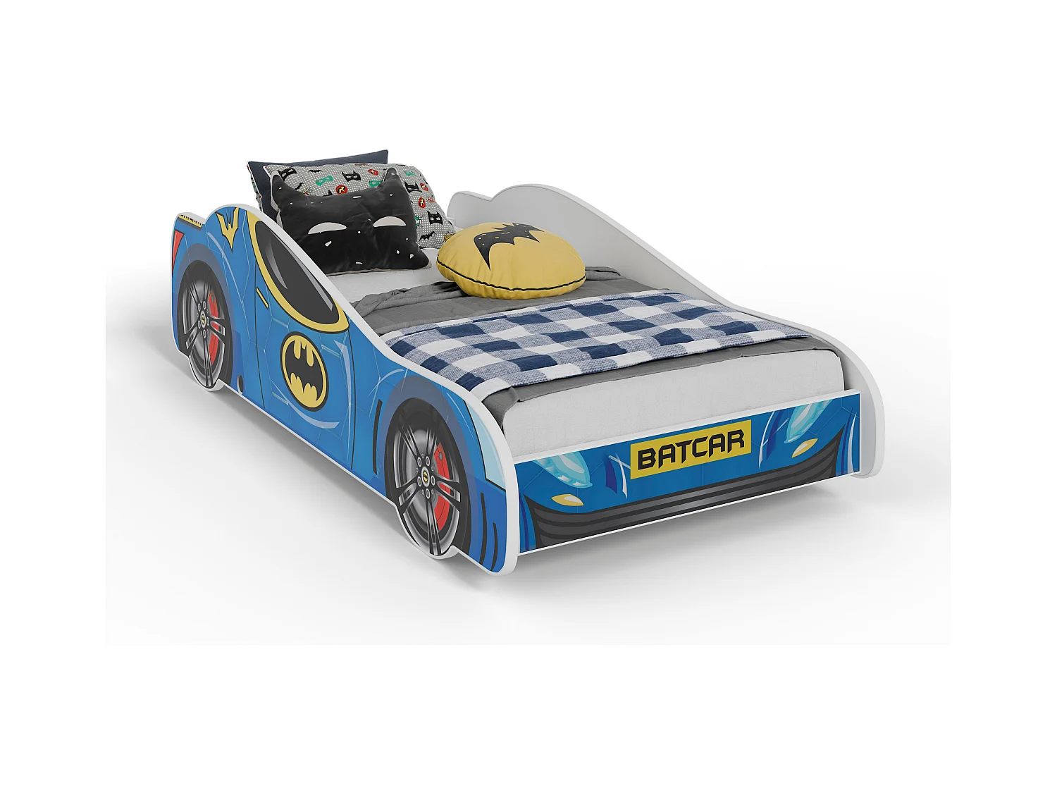 Lit enfant pour garçon voiture de Batman Batcar, Batmobile - bleu avec matelas et sommier inclus - 140 cm x 70 cm