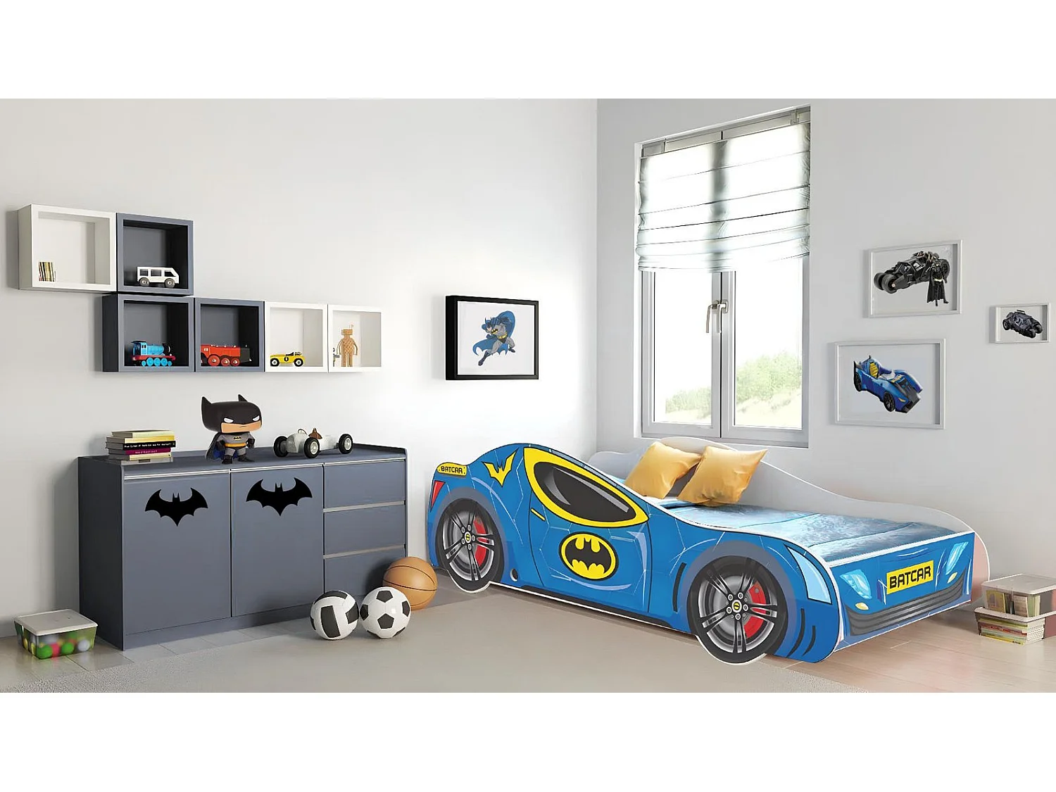 Lit enfant pour garçon voiture de Batman Batcar, Batmobile - bleu avec matelas et sommier inclus - 140 cm x 70 cm