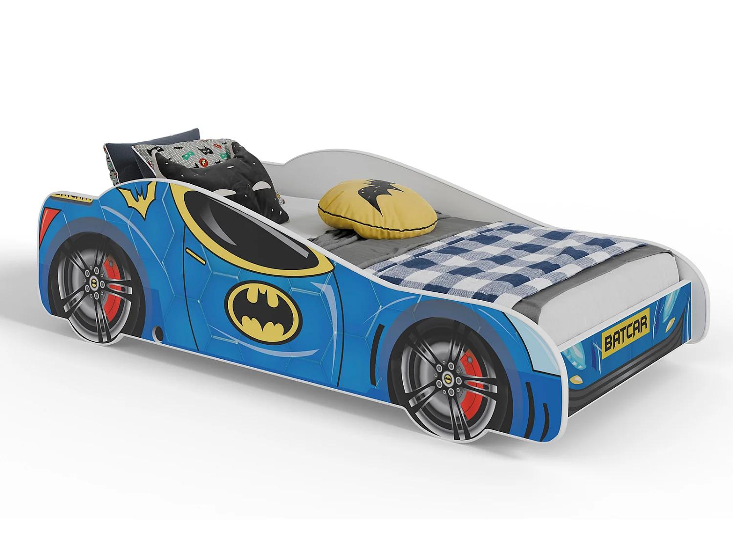Lit enfant pour garçon voiture de Batman Batcar, Batmobile - bleu avec matelas et sommier inclus - 140 cm x 70 cm