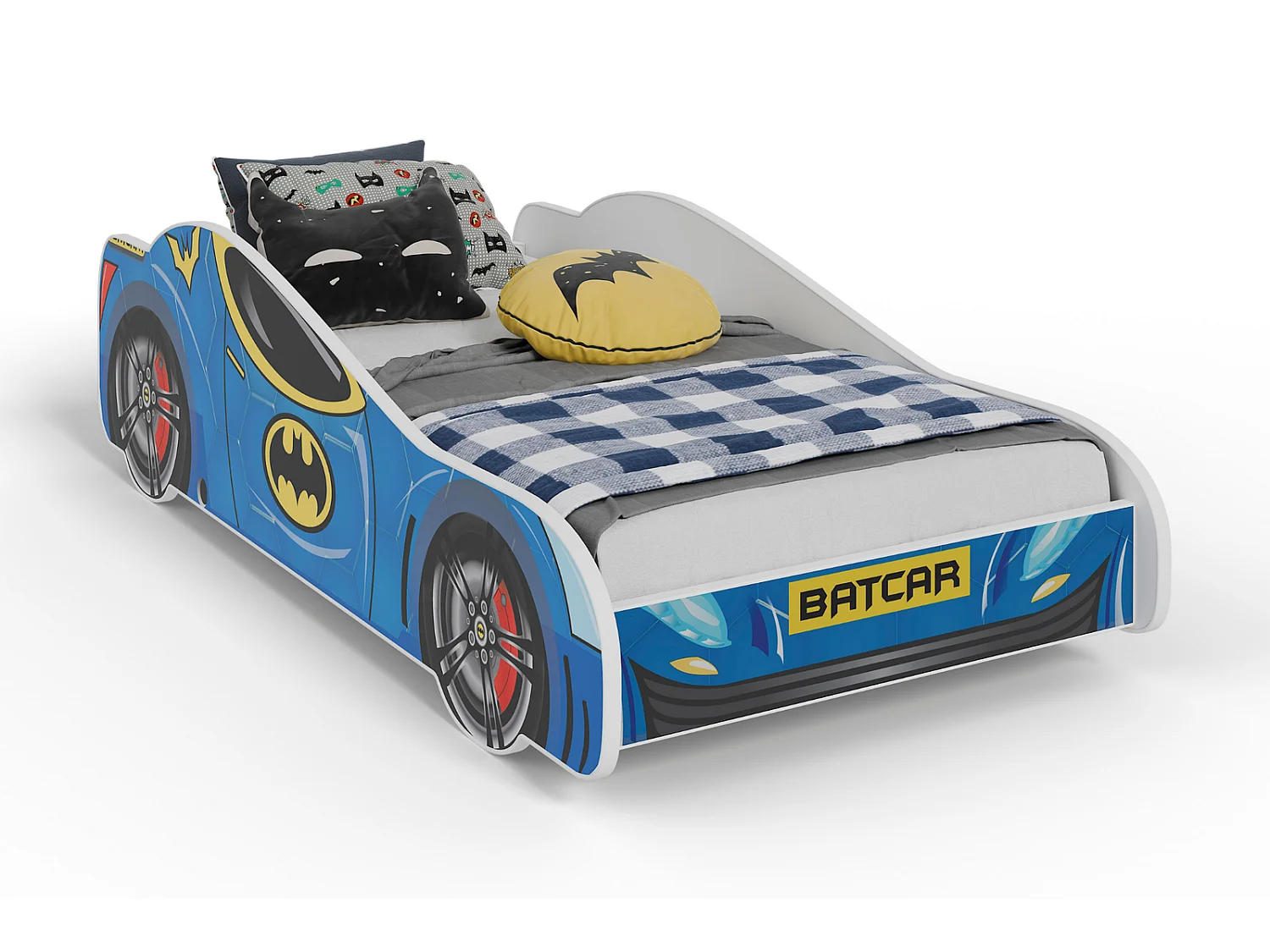Lit enfant pour garçon voiture de Batman Batcar, Batmobile - bleu avec matelas et sommier inclus - 140 cm x 70 cm