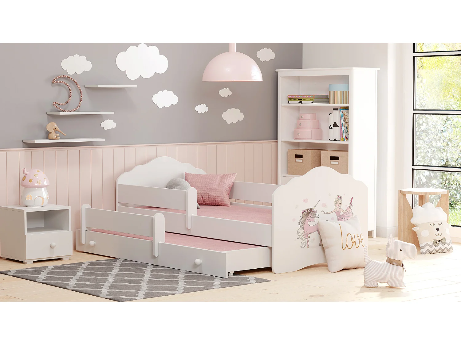 Lit gigogne enfant fille blanc FIONA avec sommier et matelas - Princesse et licorne roses - 2 x 160 cm x 80 cm
