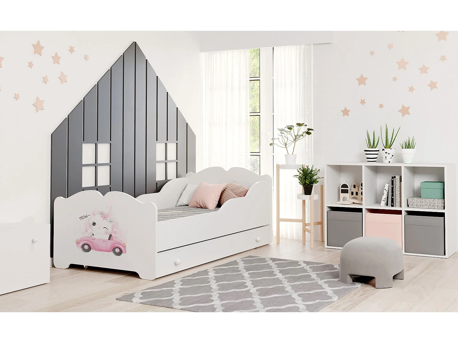 Lit enfant fille ALMENA avec tiroir matelas et cadre inclus - Chat et voiture rose - 160 cm x 80 cm