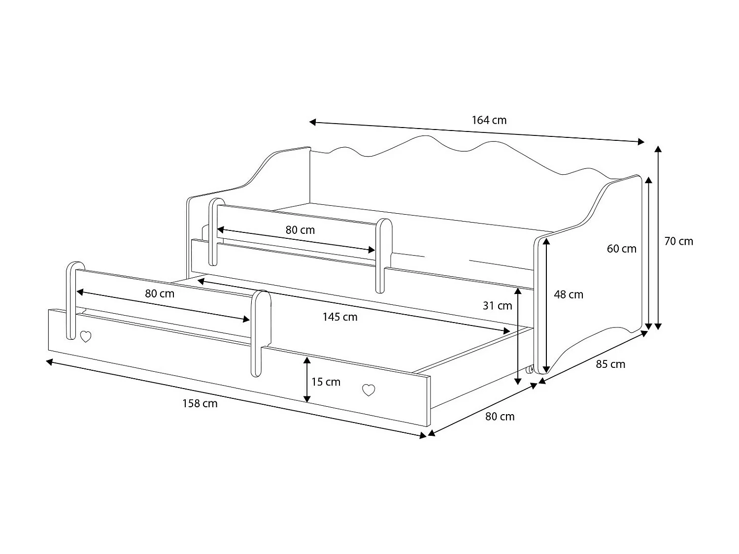 Lit gigogne enfant EMY 2*160x80cm avec matelas - gris - coeur