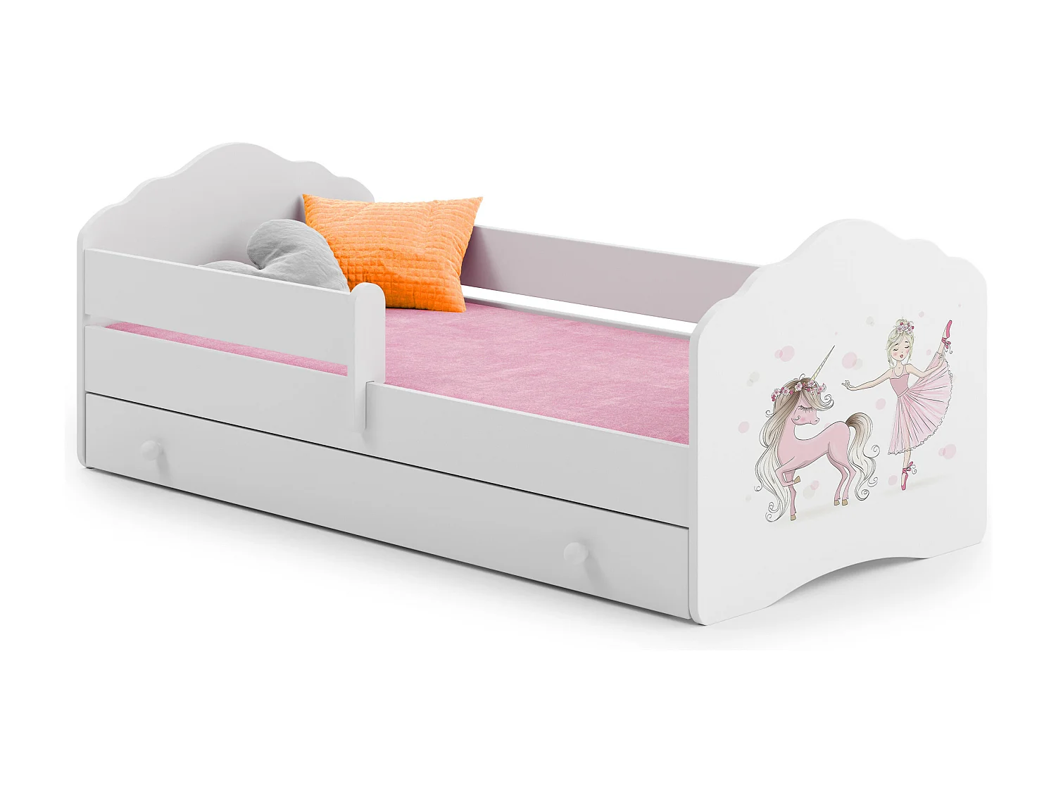 Lit enfant fille FIONA avec tiroir balustrade et matelas inclus - Princesse et licorne roses - 160 cm x 80 cm