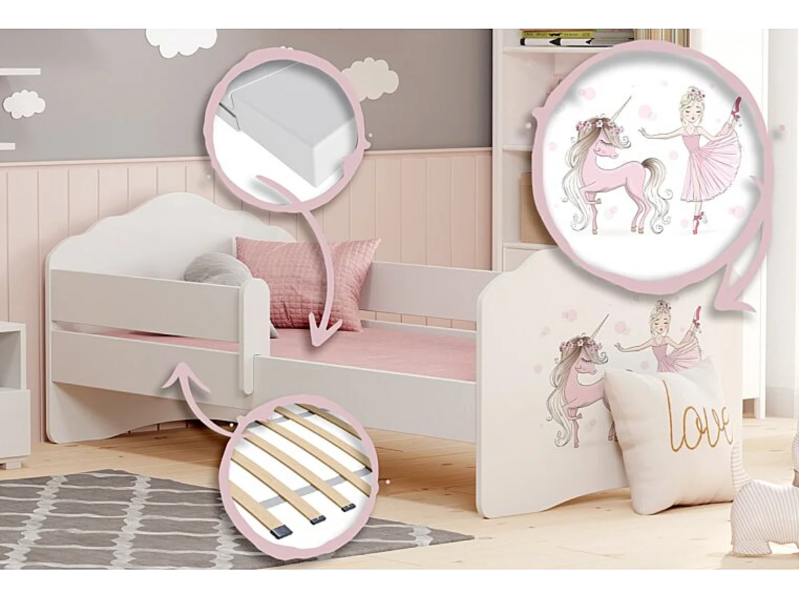 Lit enfant fille FIONA avec tiroir balustrade et matelas inclus - Princesse et licorne roses - 160 cm x 80 cm