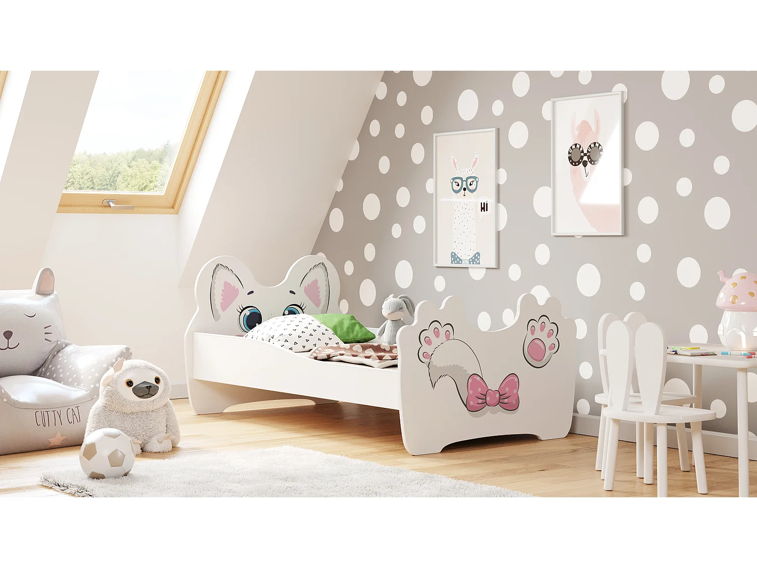 Lit enfant fille MOUNA avec matelas et cadre - Chat rose - 160 cm x 80 cm