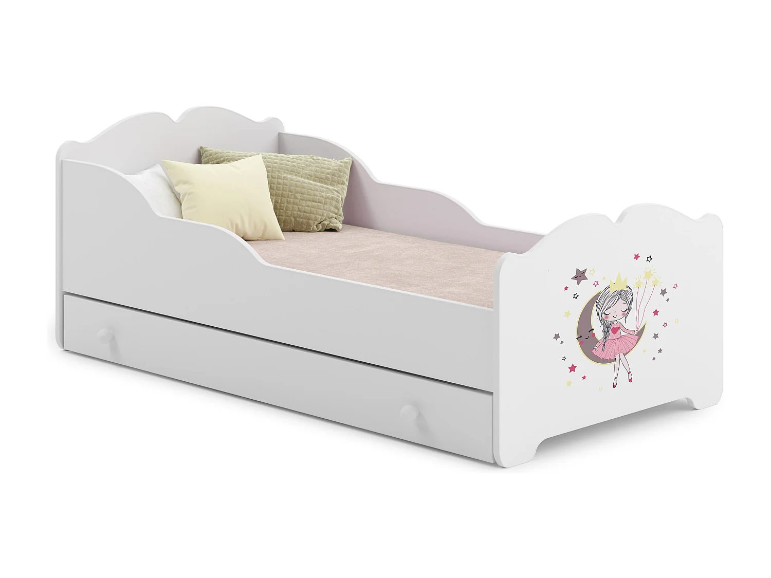 Lit enfant fille ALMENA avec tiroir matelas et cadre inclus - Princesse et lune - 140 cm x 70 cm