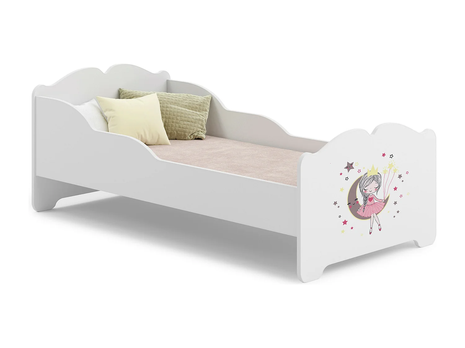 Lit enfant fille ALMENA avec matelas et cadre inclus - Princesse et lune - 140 cm x 70 cm