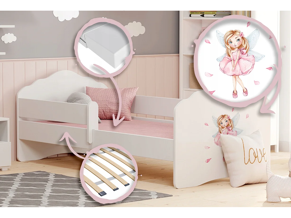 Lit enfant fille FIONA avec balustrade et matelas - Fée rose - 140 cm x 70 cm