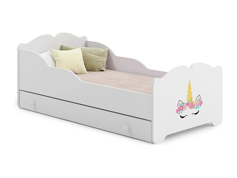 Lit enfant fille ALMENA avec tiroir matelas et cadre inclus - Licorne - 140 cm x 70 cm