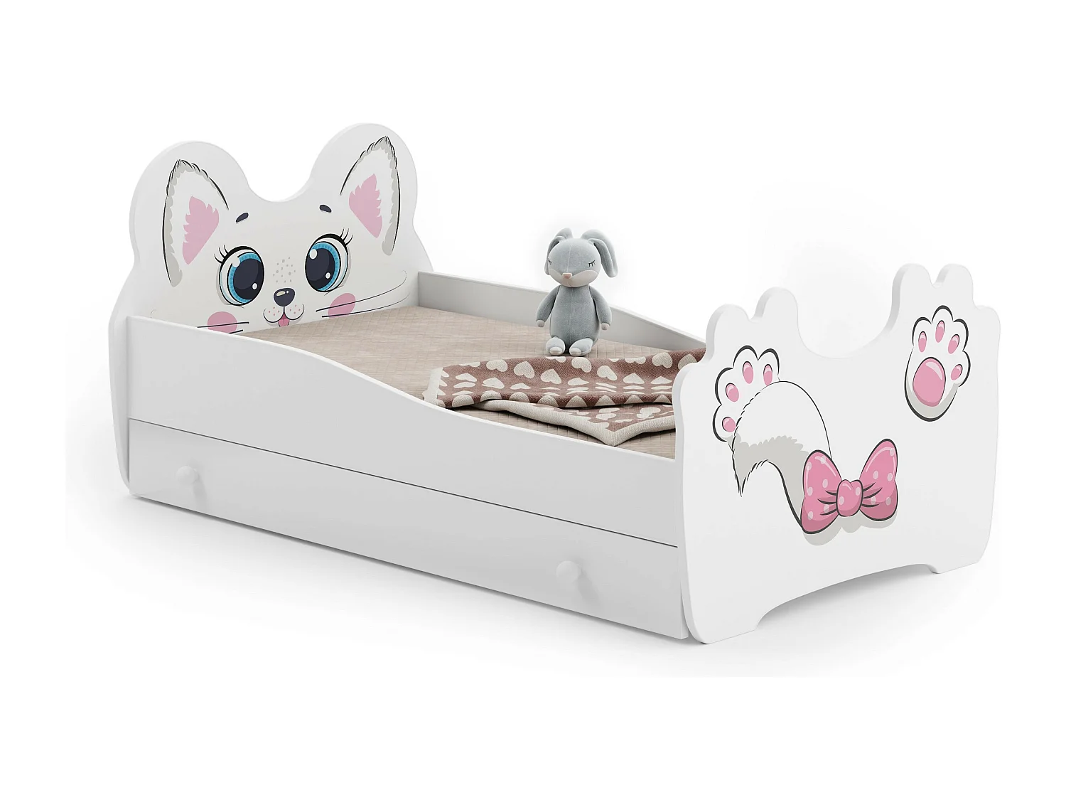 Lit enfant fille mouna avec tiroir matelas et cadre inclus - Chat rose - 140 cm x 70 cm