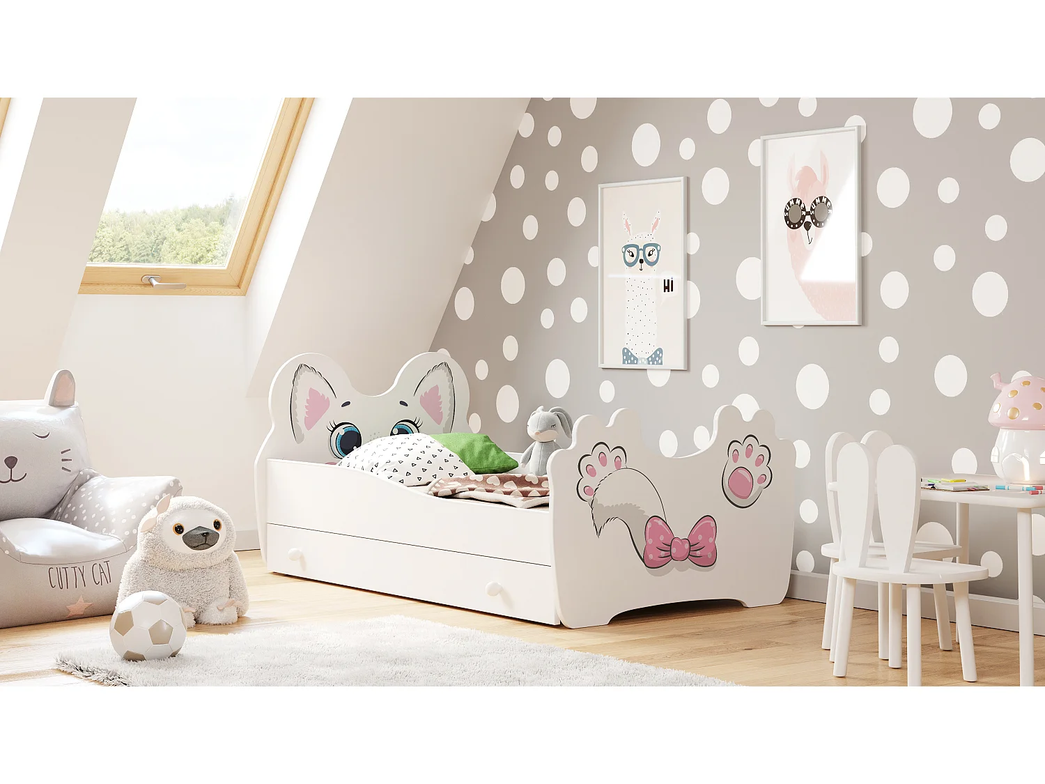 Lit enfant fille mouna avec tiroir matelas et cadre inclus - Chat rose - 140 cm x 70 cm