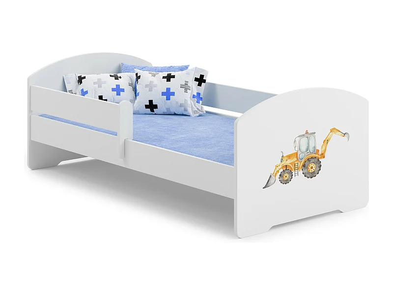 Lit enfant pour garçon LOU avec balustrade et matelas inclus - Pelleteuse - 160 cm x 80 cm