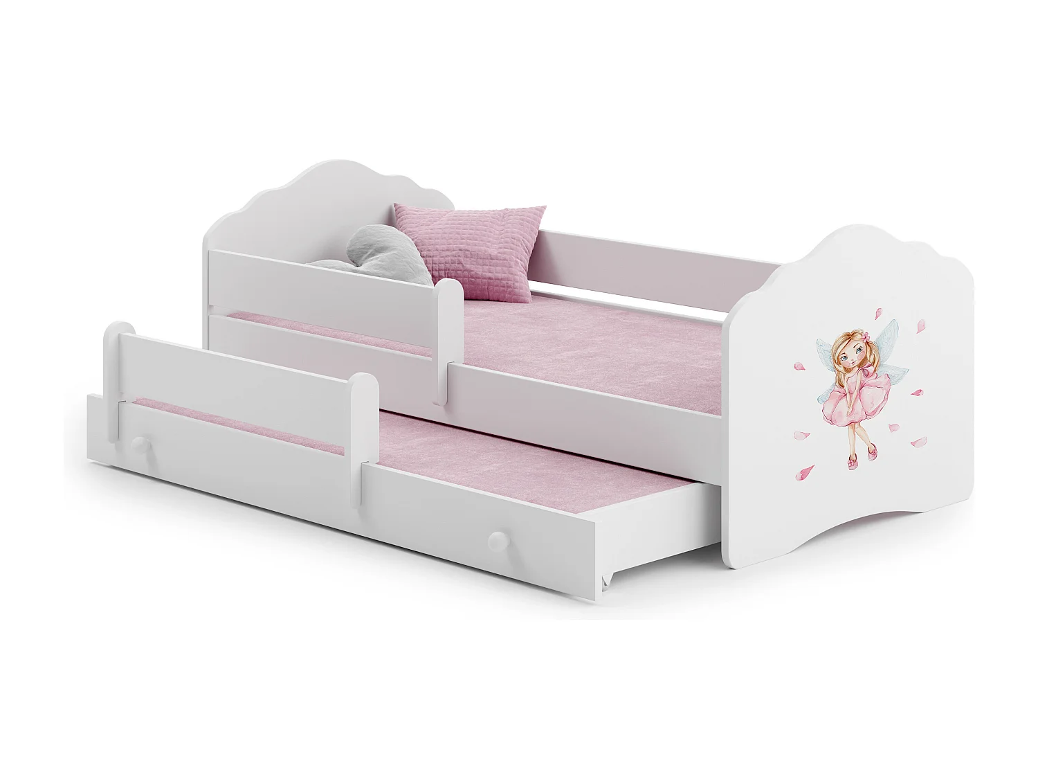 Lit gigogne enfant fille blanc FIONA avec sommier et matelas - Fée rose - 2 x 160 cm x 80 cm