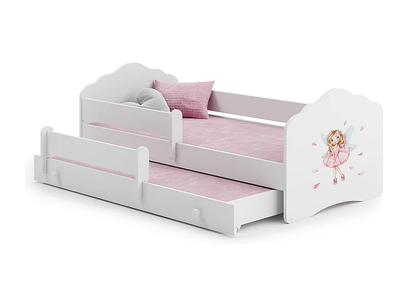 Lit gigogne enfant fille blanc FIONA avec sommier et matelas - Fée rose - 2 x 160 cm x 80 cm