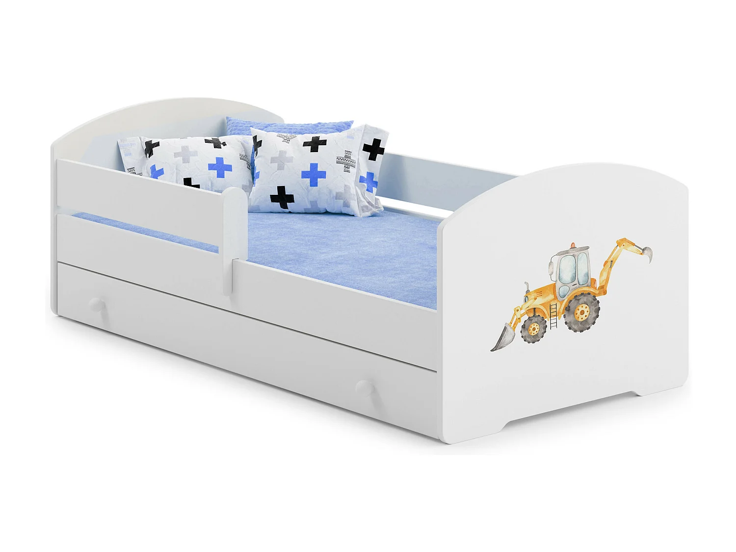 Lit enfant pour garçon LOU avec tiroir balustrade et matelas inclus - Pelleteuse - 160 cm x 80 cm