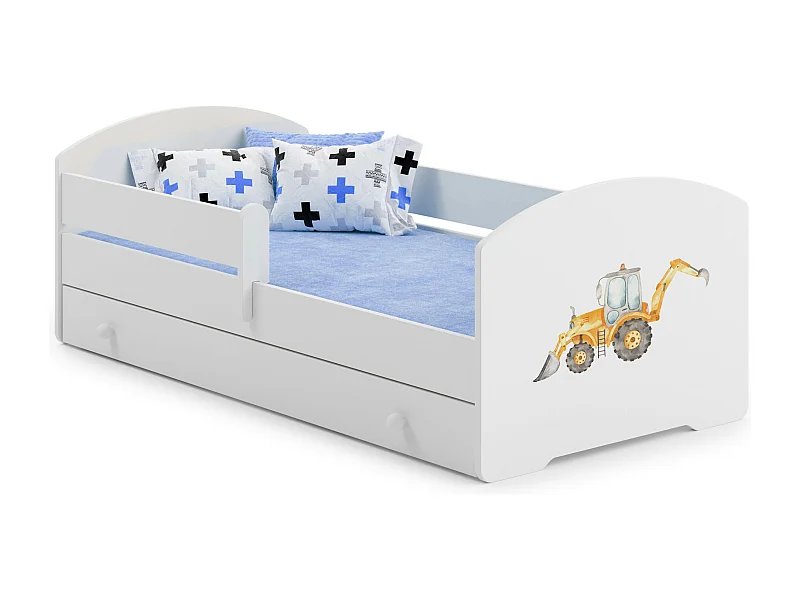 Lit enfant pour garçon LOU avec tiroir balustrade et matelas inclus - Pelleteuse - 160 cm x 80 cm