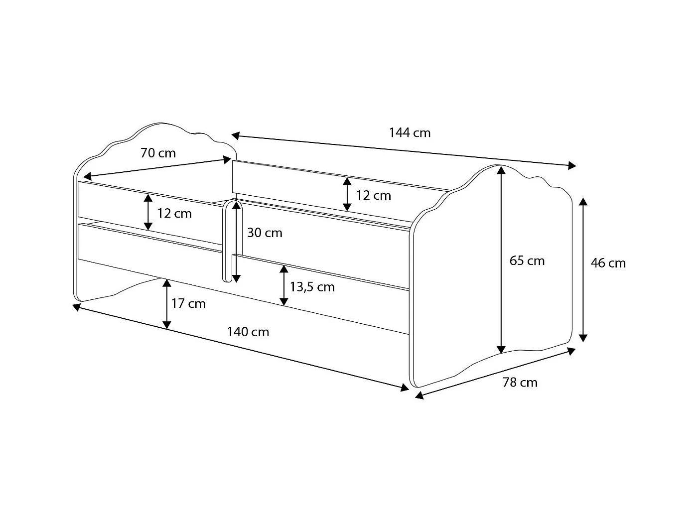 Lit enfant FIONA avec balustrade et matelas - Sans graphique - 140 cm x 70 cm