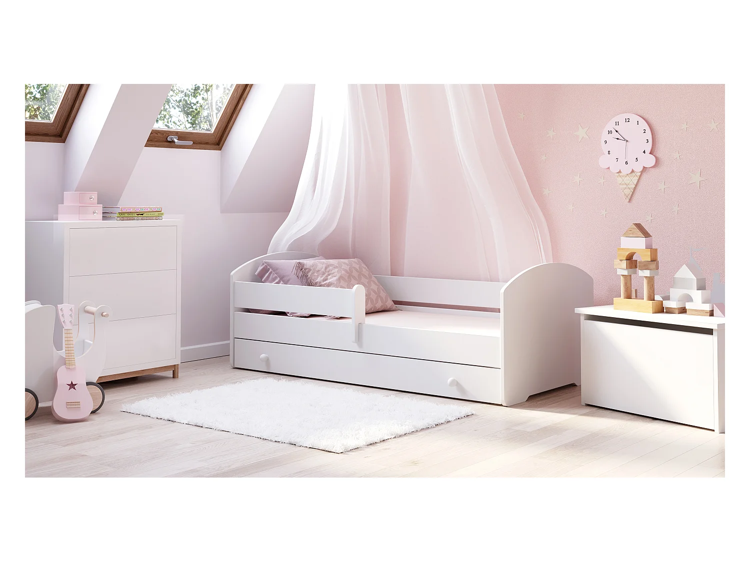 Lit enfant LOU avec tiroir balustrade et matelas inclus - Sans graphique - 140 cm x 70 cm