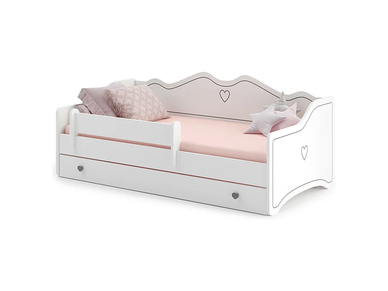 Lit enfant EMY 160x80cm avec tiroir - gris - Avec Matelas - coeur