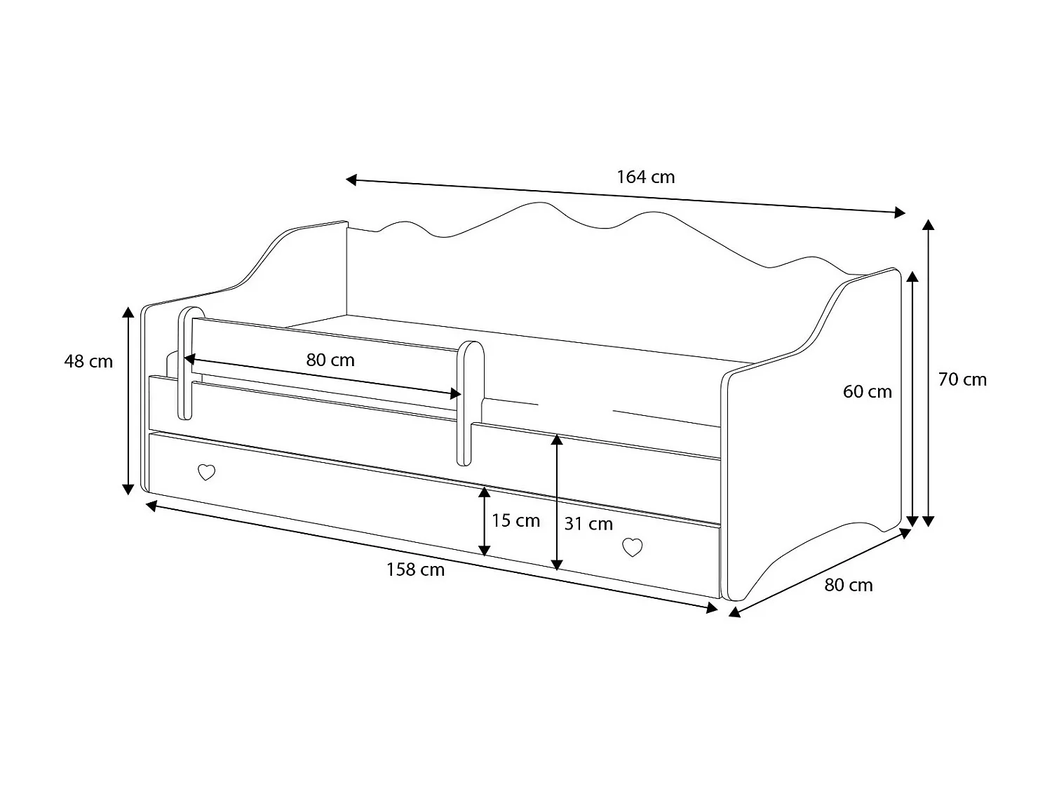 Lit enfant EMY 160x80cm avec tiroir - gris - Avec Matelas - coeur