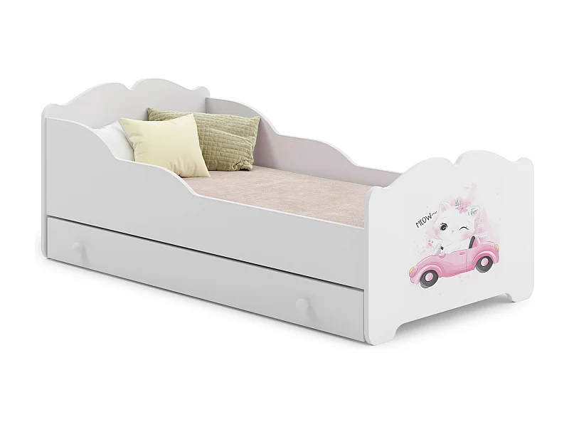 Lit enfant fille ALMENA avec tiroir matelas et cadre inclus - Chat et voiture rose - 140 cm x 70 cm