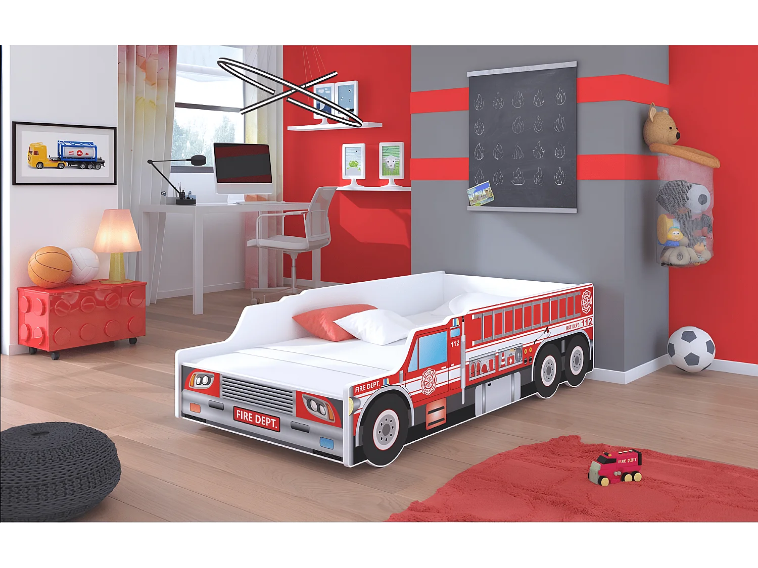 Lit enfant pour garçon Camion de pompier avec matelas et sommier inclus - 160 cm x 80 cm