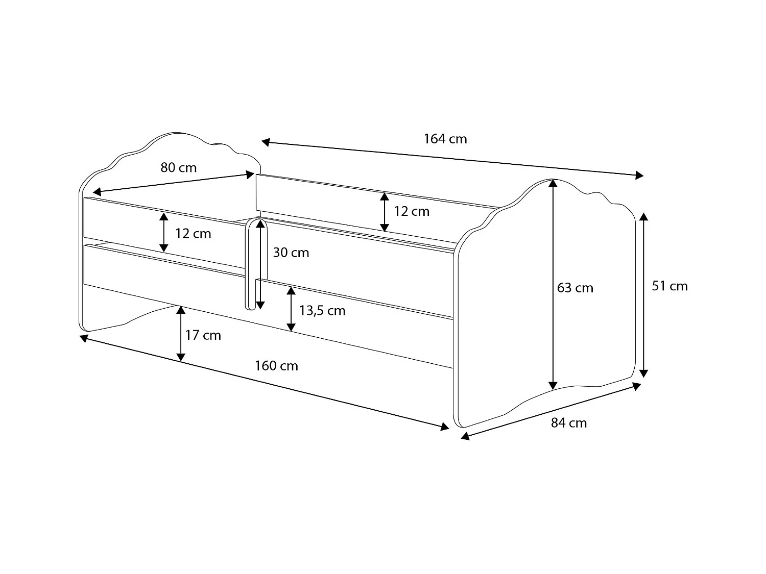 Lit enfant FIONA avec balustrade et matelas - Sans graphique - 160 cm x 80 cm