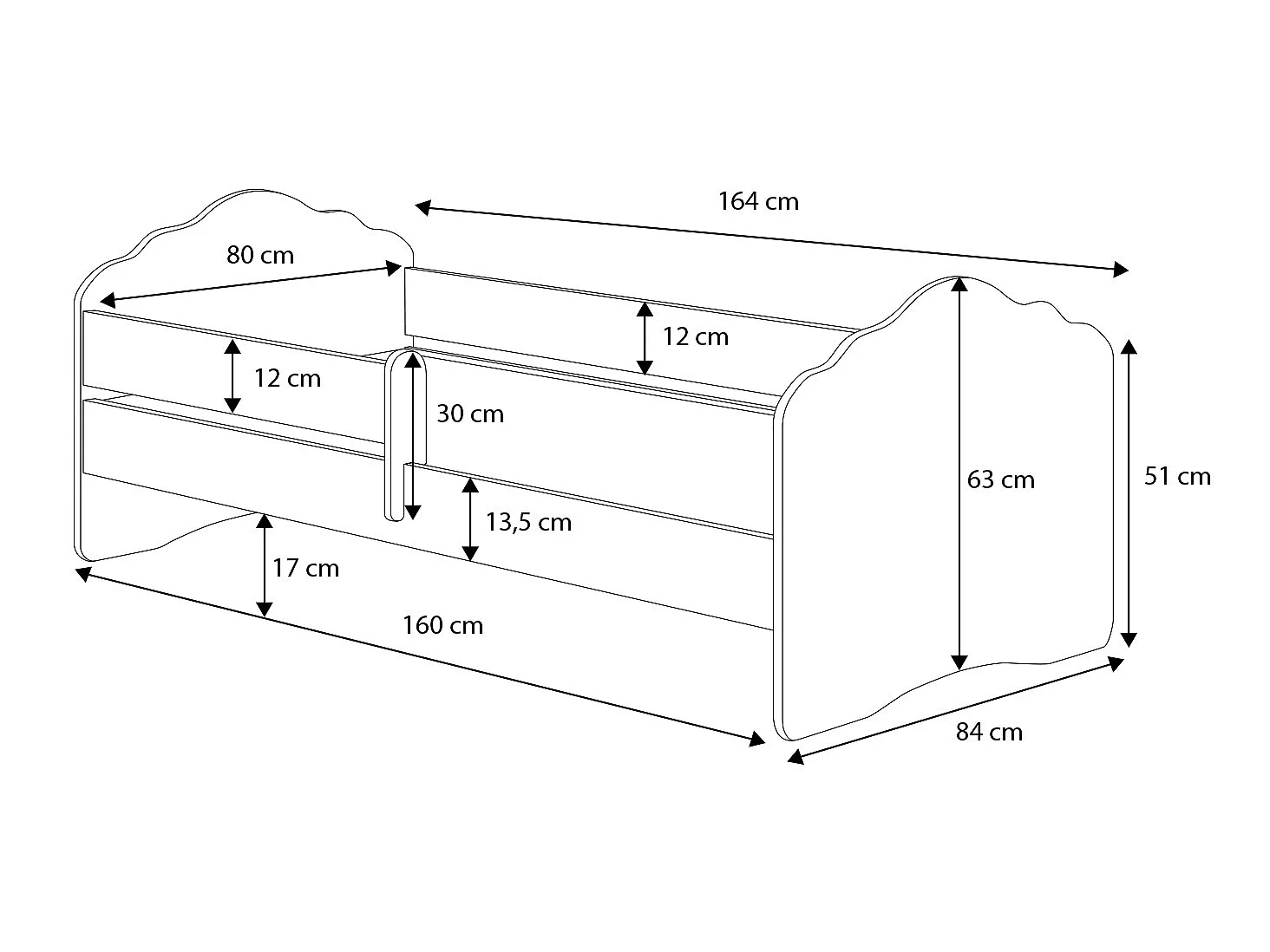 Lit enfant FIONA avec balustrade et matelas - Sans graphique - 160 cm x 80 cm