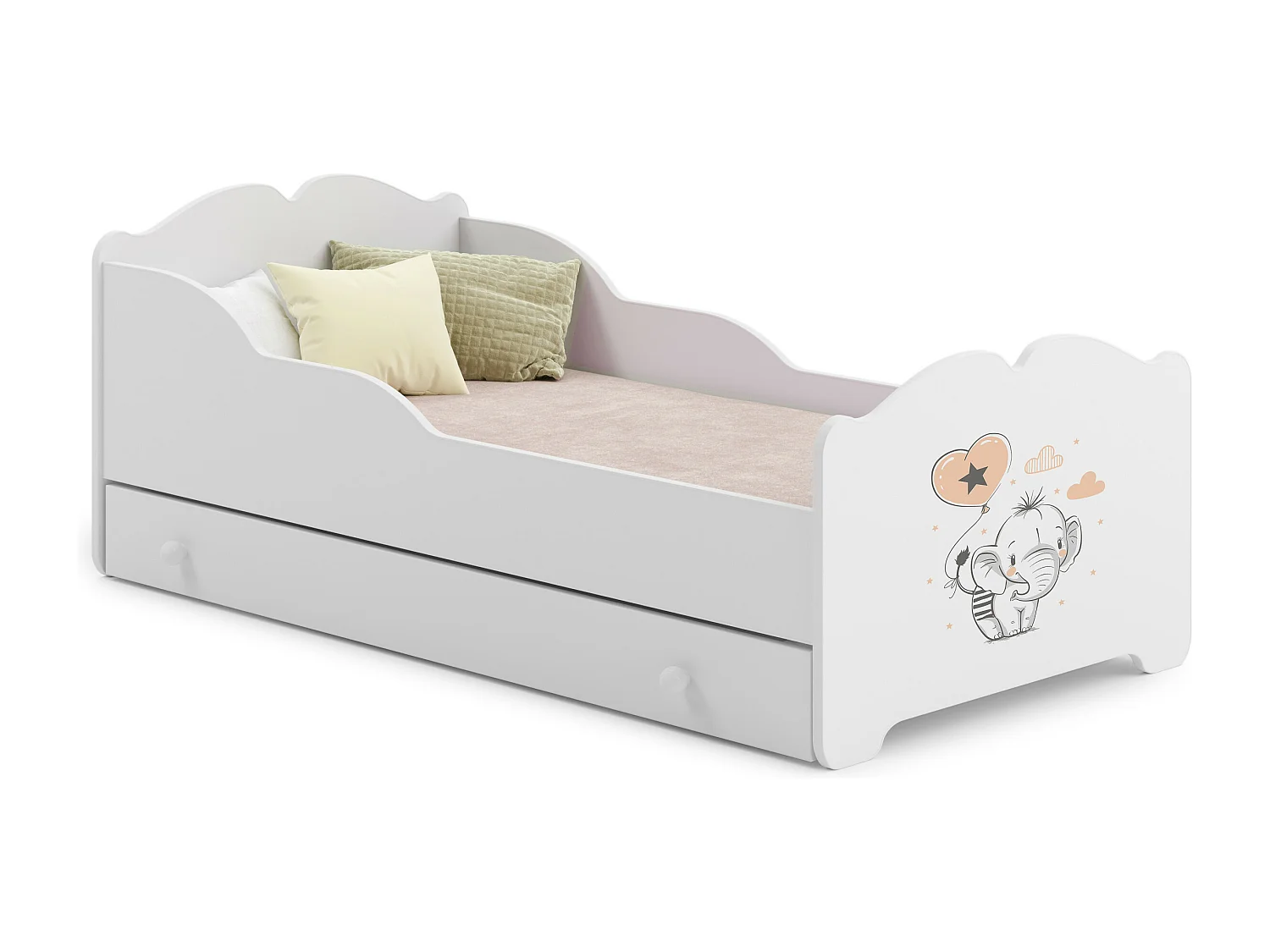 Lit enfant ALMENA avec tiroir matelas et cadre inclus - Elephant orange - 140 cm x 70 cm
