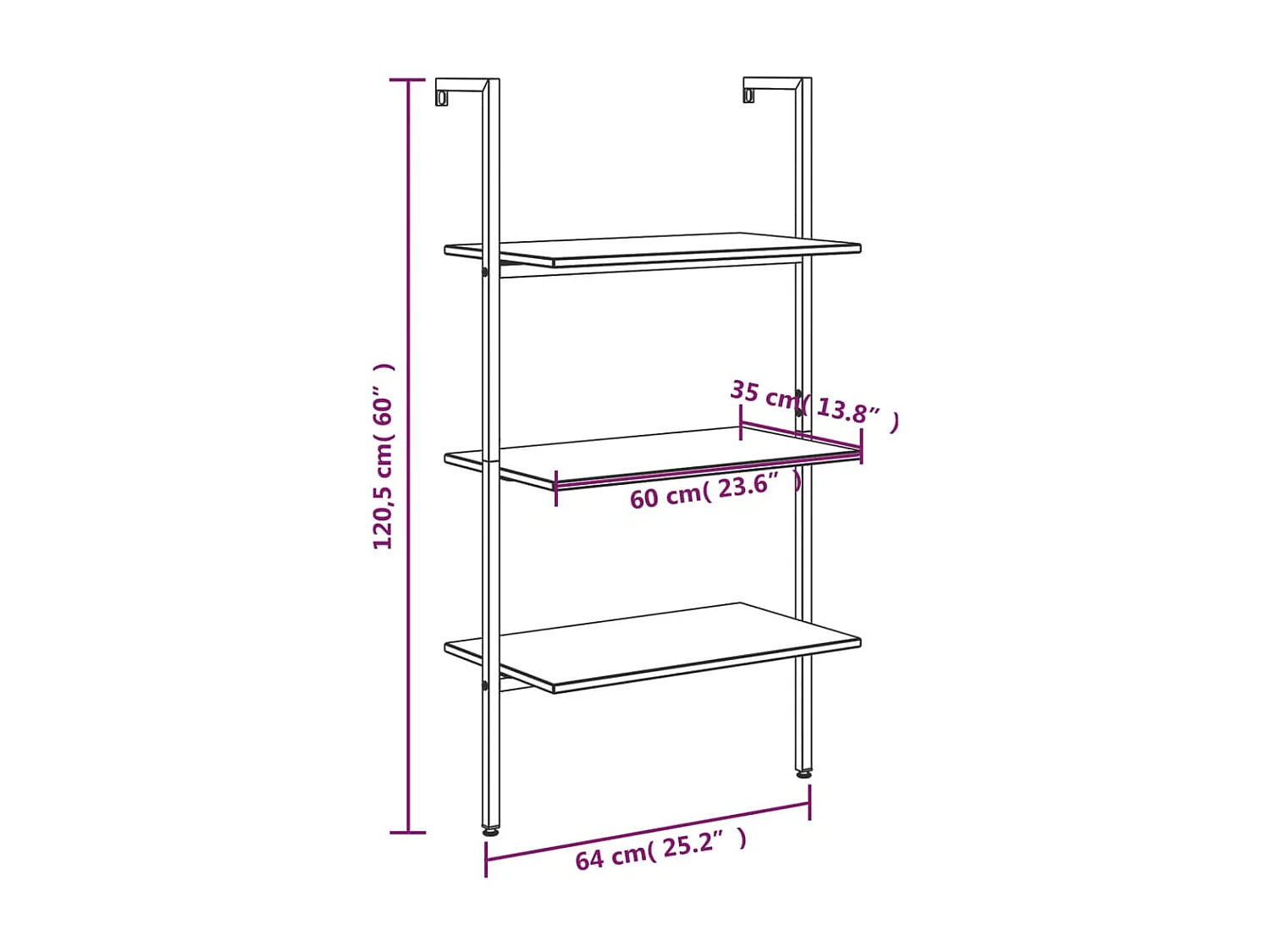 Leiterregal mit 3 Böden Schwarz 64x35x120,5 cm
