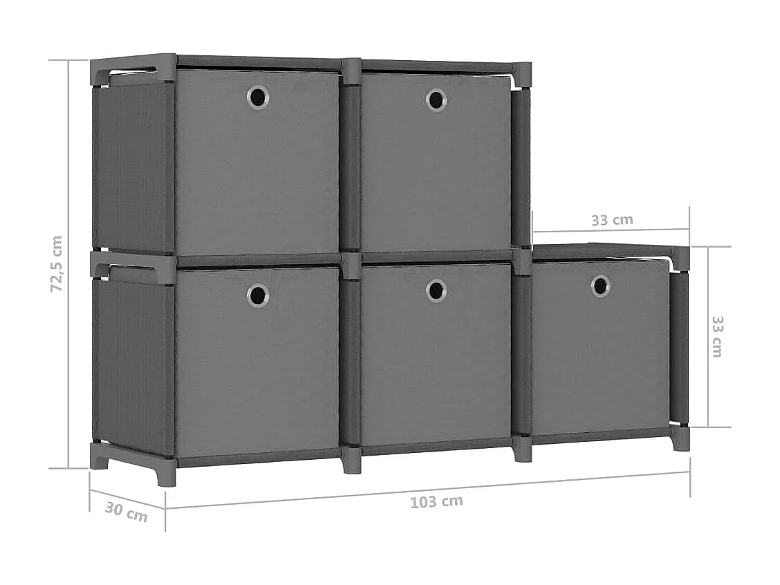 Étagère d'affichage 5 cubes et boîtes Gris 103x30x72,5 cm Tissu