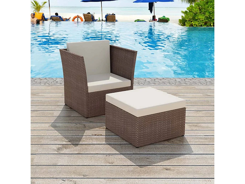 Gartensessel mit Fußhocker Poly Rattan Braun