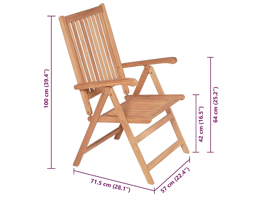 Fauteuils pliants inclinables, 2 pièces, en teck massif