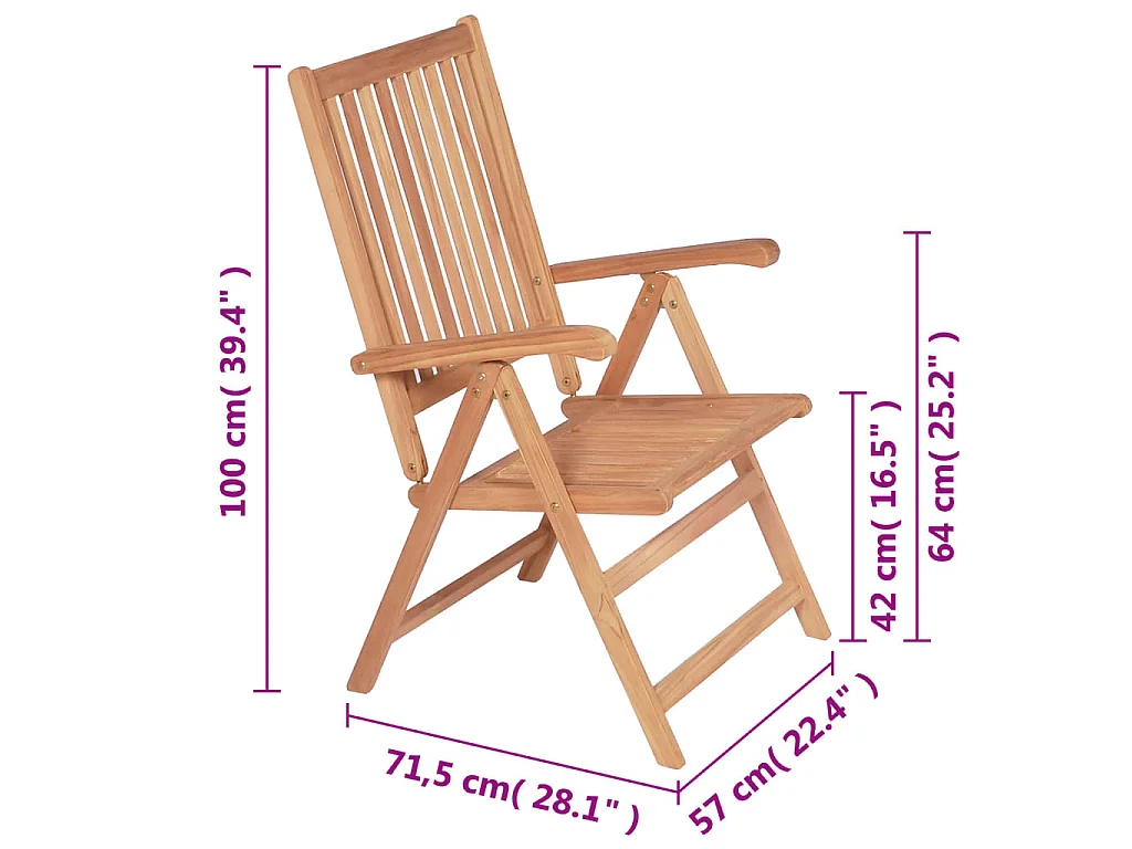 Fauteuils pliants inclinables, 2 pièces, en teck massif