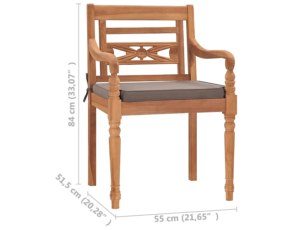 Stoelen Batavia 2 st met donkergrijze kussens massief teakhout