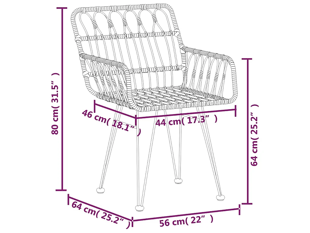 Sedie da Giardino 2pz con Braccioli Nero 56x64x80 cm Rattan PE