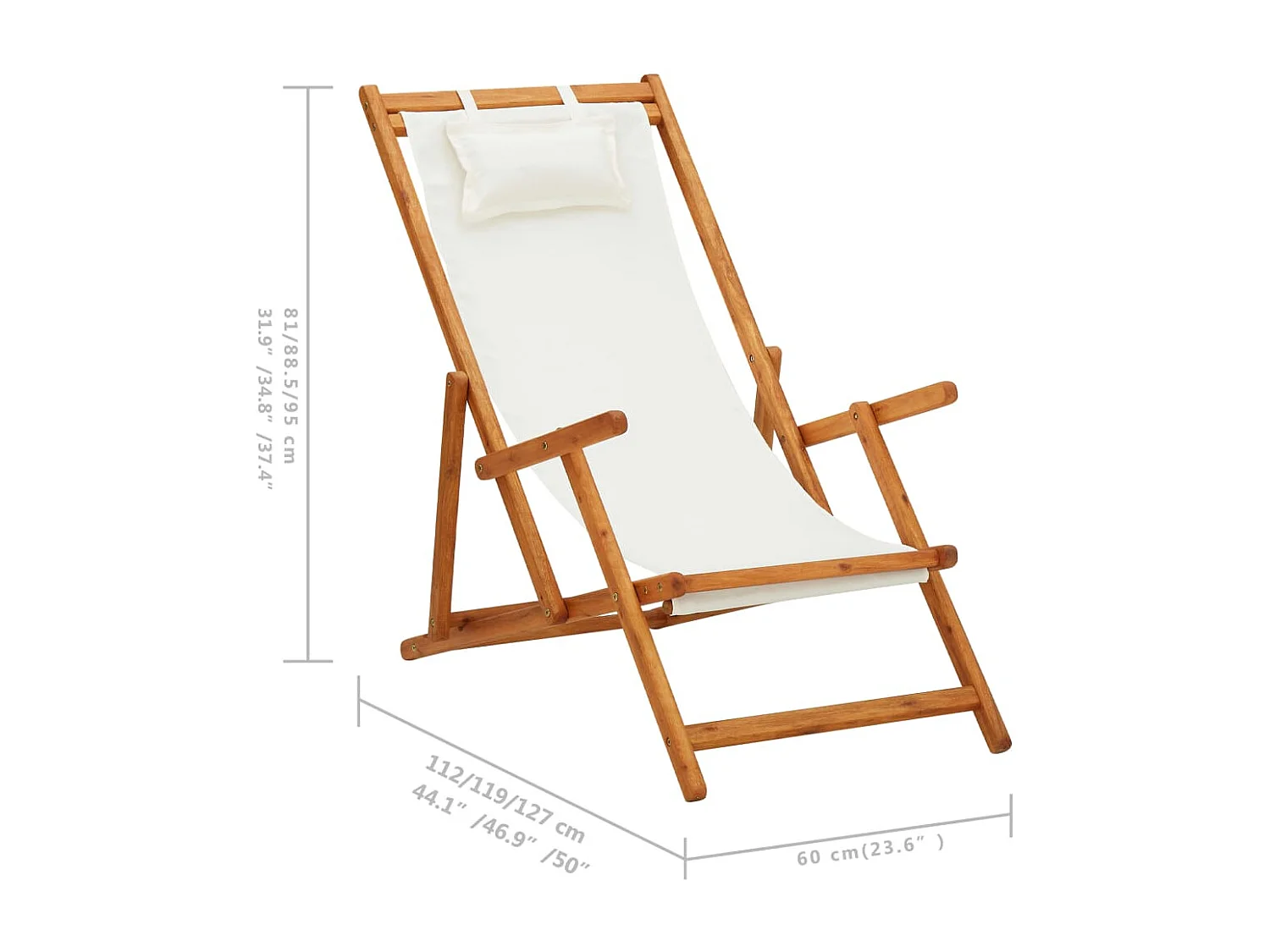 Chaise pliable de plage Bois d'eucalyptus solide et tissu Crème