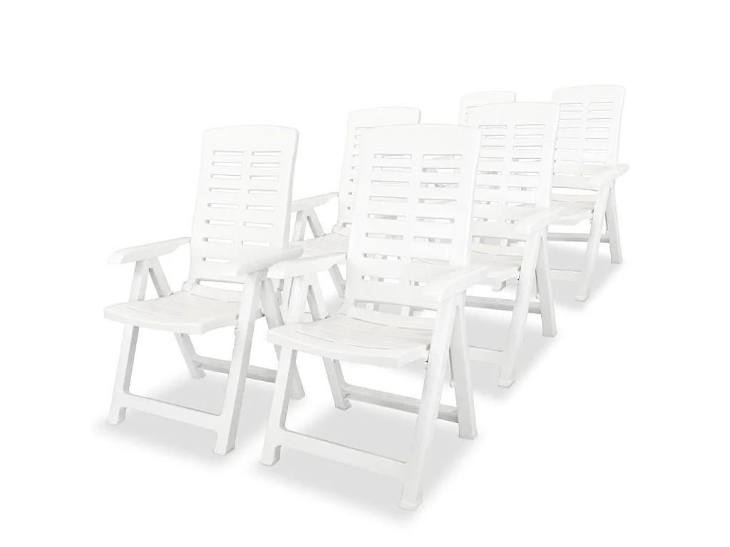 Conjunto de 6 cadeiras reclináveis dobráveis de plástico branco.